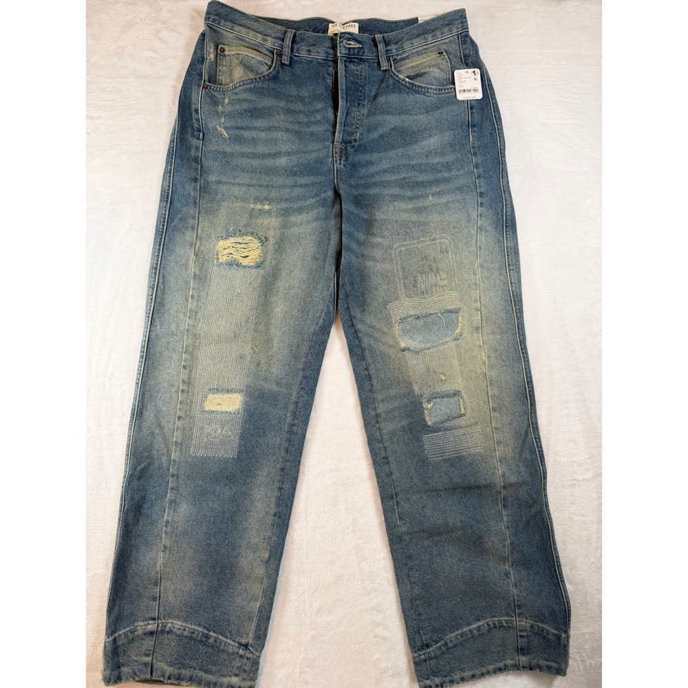 We The Free Free People Second Chances Distressed Straight Jeans Blue 32S NEW